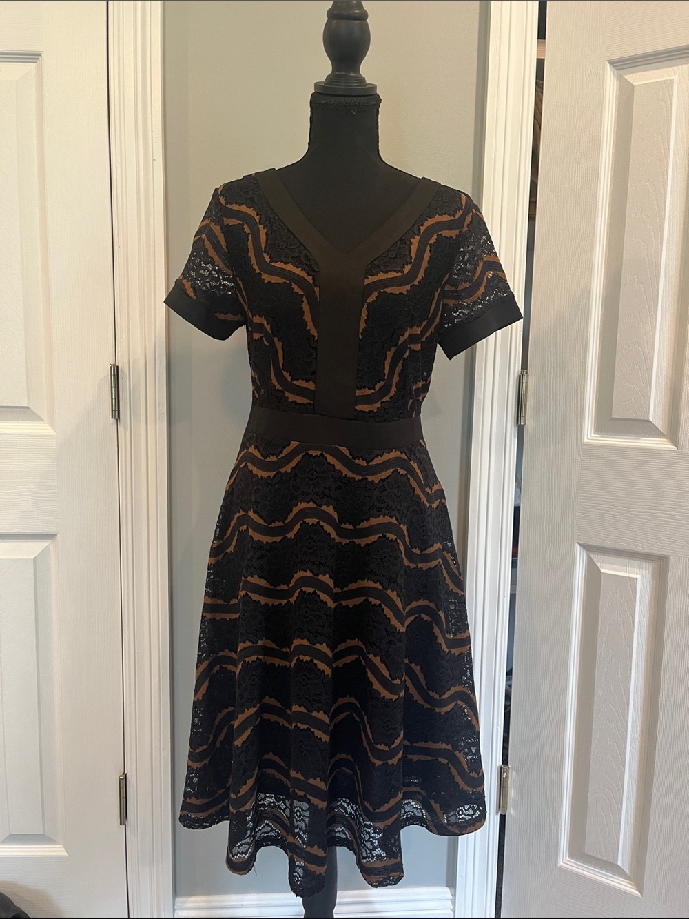 Black and Brown Lace Fit-and-Flare Dress